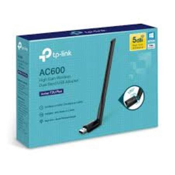 Tp-link ac600 high gain wireless dual band usb adapter, archer t2u plus; usb 2.0; 5dbi antenna; wireless standards: ieee 802.11b/g/n 2.4 ghz, ieee 802.11a/n/ac 5ghz; wireless speeds: 600 mbps (200 mbps on 2.4ghz, 433 mbps on 5ghz); frequency: 2.4ghz, 5ghz