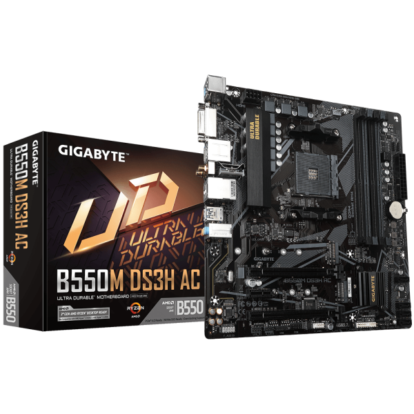 Placa de baza gigabyte b550m ds3h ac am4 ddr4, 4x sloturi ram, max. 128gb, frecventa maxima suportata 4733mhz, 1x dvi-d, 1x hdmi, 2x pcie x16, 1x pcie x1, 2x m.2, 4x conectori sata 6gb/s, 1x lan 1gbps, wifi, bluetooth 4.2, microatx