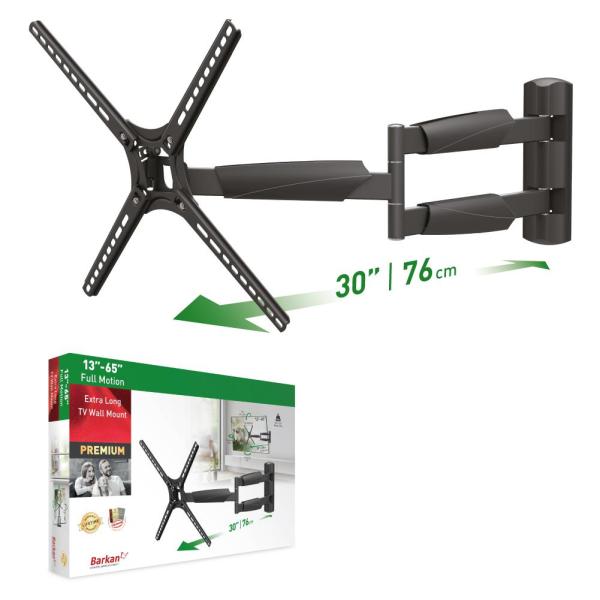 Suport tv plat/curbat de perete cu 2 brate barkan bm464xl, 13"- 65", max 36kg, vesa 400x400, negru