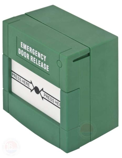 Buton aplicabil din plastic pentru iesire de urgenta; material: plastic, culoare verde; 2x contacte no/nc;