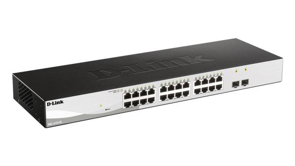 D-link 26-port gigabit smart switch with 2 sfp ports, dgs-1210-26; 24 x 10/100/1000mbps auto-negotiating ports; 2 x combo 1000baset/mini-gbic sfp ports; advance power saving features; fanless design; half-/full- duplex, auto-negotiation, auto mdi/mdix; ie