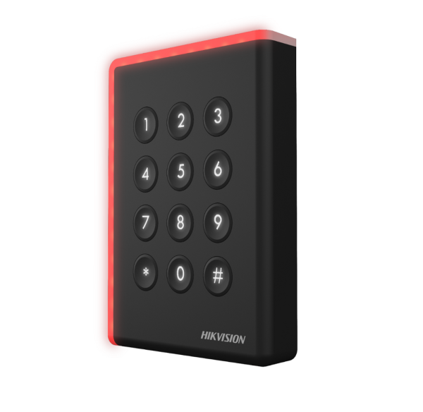 Cititor card cu tastatura hikvision ds-k1108aek, citeste carduri em 125 khz, distanta citire: ≤ 50 mm, comunicare: rs-485, wiegand (w26, w34) protocol si osdp protocol, indicator led de stare si alimentare, tamper, buzzer, alimentare: 12 vdc, ip65, dimens
