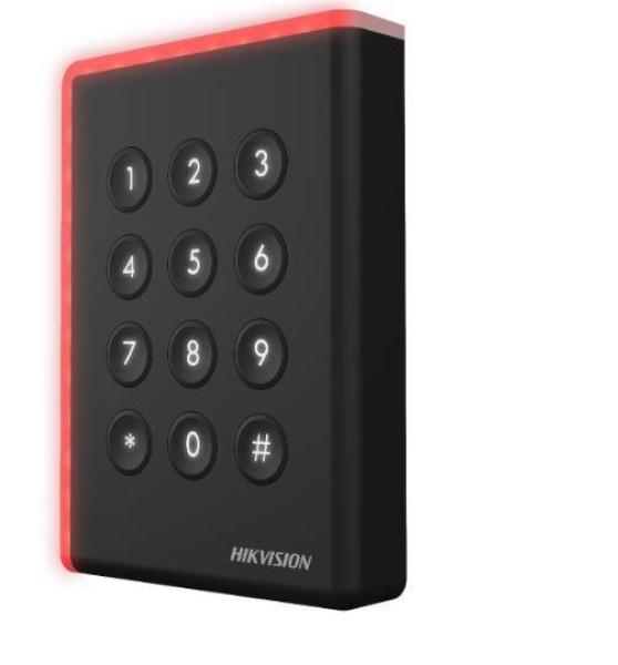 Cititor card cu tastatura hikvision ds-k1108amk, citeste carduri mifare 13.56 mhz, distanta citire: ≤ 50 mm, comunicare: rs-485, wiegand (w26, w34) si osdp protocol, indicator led de stare si alimentare, tamper, buzzer, alimentare 12vdc, ip65, dimensiuni: