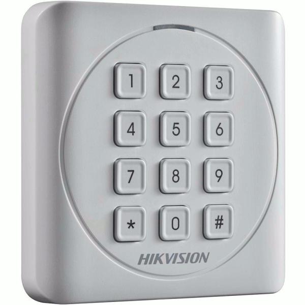 Cititor card cu tastatura hikvision ds-k1801mk, citeste carduri mifare 13.56mhz, distanta citire: 50mm, comunicare: wiegand 26/34 protocol, tastatura cu 12 butoane,  indicator led de stare si alimentare; alimentare: 12vdc, ip65, dimensiuni: 87×87×13.3mm