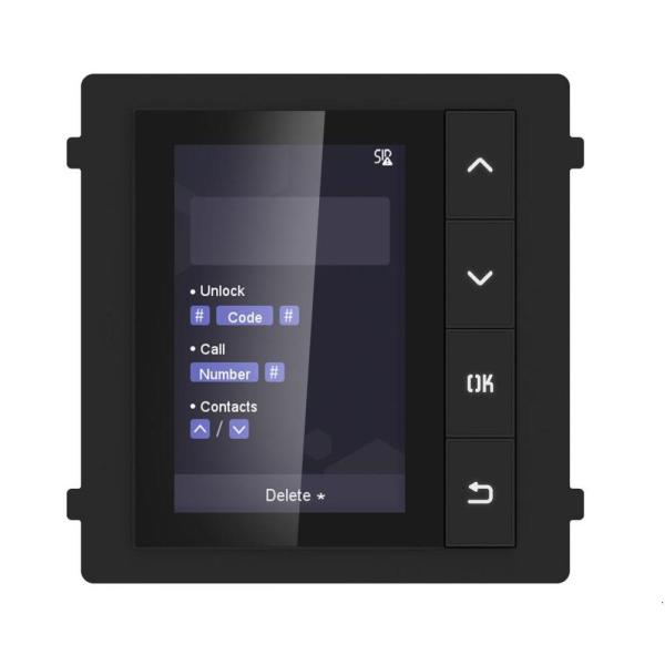 Modul de afisare pentru videointerfon modular hikvision ds-kd-dis; ecran lcd 3.5 inch, rezolutie 320x480p; 4 butoane de operare; memorie pentru 500 de contacte; apelare din lista de contacte; deschidere usa cu pin cu ajutorul modului de tastatura( nu este
