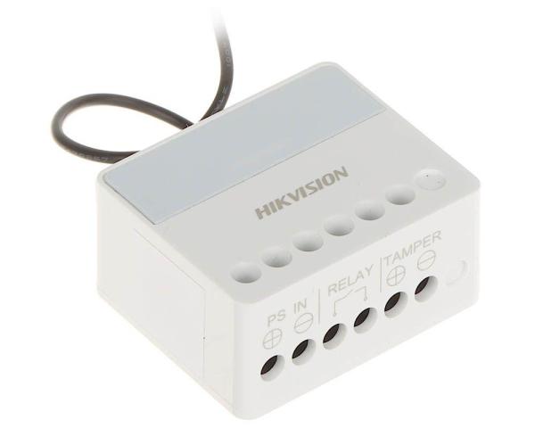 Modul releu axpro hikvision ds-pm1-o1l-we, 1 x no/nc (0~36 v dc, max 5 a), comunicare 868 mhz two-way wireless, criptare aes-128, distanta de comunicare rf: 1800m, in camp deschis, 1x buton invatare( pentru inregistrare),  3 x led stare: register/signal (