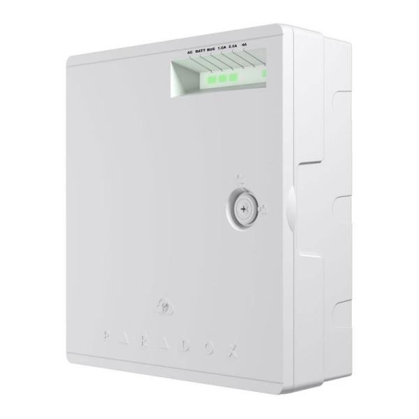 Sursa de alimentare supervizata in comutatie, putere totala 75w, alimentare 100-240vac cu acumulator de back-up de 13.8vdc si iesire auxiliara de 15 vdc cu protectie la supraconsum • comutator antisabotaj pe placa • operare in mod stand alone sau superviz