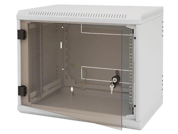 Rack de perete triton sectiune simpla 12u 600mm adancime usa sticla panouri laterale fixe, sectiuni acces cabluri sus/jos/spate securizare cu cheie, 1 pereche montanti reglabili ip30 gri