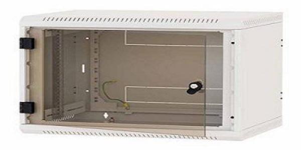 Rack de perete triton seciune simpla 18 600mm adancime usa sticla panouri laterale fixe sectiuni ventilatie activa, sectiuni acces cabluri sus/jos/spate securizare cu cheie, 1 pereche montanti reglabili ip30 gri