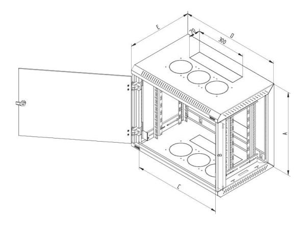 Rack de perete triton sectiune simpla 9u 500mm adancime usa sticla panouri laterale detasabile sectiuni ventilatie activa, sectiuni acces cabluri sus/jos/spate securizare cu cheie, 1 pereche montanti reglabili ip30 negru