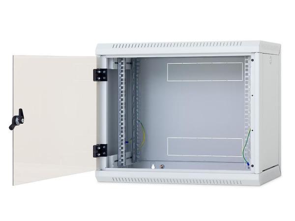 Rack de perete triton sectiune simpla 15u 600mm adancime usa sticla panouri laterale detasabile, sectiuni acces cabluri sus/jos/spate securizare cu cheie, 1 pereche montanti reglabili, fabricat din tabla galvanizata ip30 gri