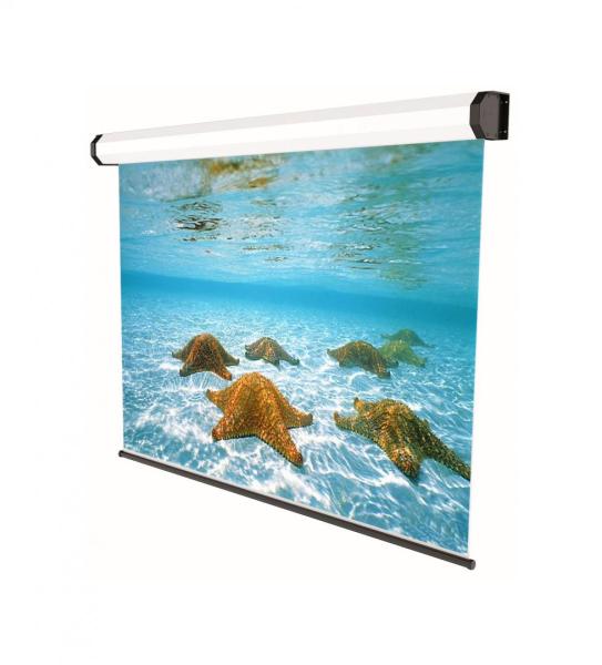 Ecran de proiectie electric, cu prindere in tavan/perete sopar professional, format 4:3, suprafata de proiectie 350x265 cm, diagonala 173 inch, unghi de vizionare 150°, tip panza alba (fata) neagra (spate), din aluminiu