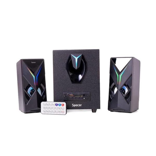 Boxe spacer gaming 2.1, 14w rms ( 2x3w + 8w), bluetooth, telecomanda wireless, control volum, subwoofer lemn mdf, 220v alimentare, usb/sd/aux/radio fm, negru