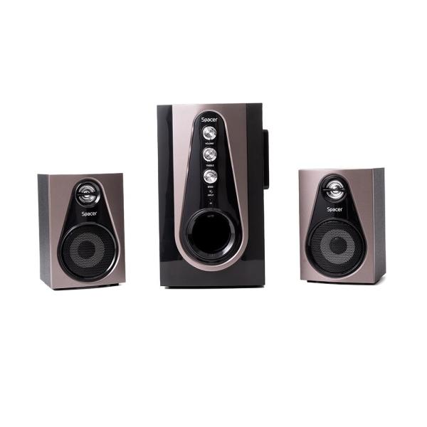 Boxe spacer 2.1, 30w rms ( 2x 5w + 20w), alimentare 220v, conectori bluetooth, usb, jack 3.5mm, radio fm, sd, rca, contine telecomanda wireless, negru
