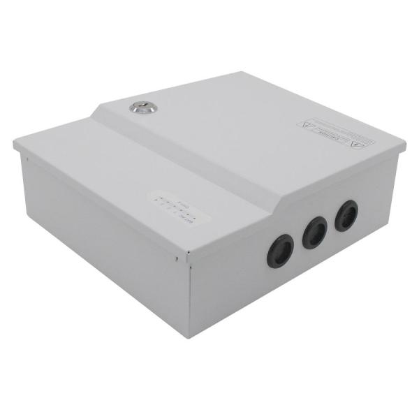 Sursa de alimentare 10a cu back up si 9 canale protejate pentru sisteme cctv, std-xwu120-12-9, 9 iesiri protejate ptc, led stare pentru fiecare canal, tensiune intrare: 100-240v ac,47-63hz; tensiune iesire: dc12v 10a, 120w, carcasa metal,  intrare pentru 