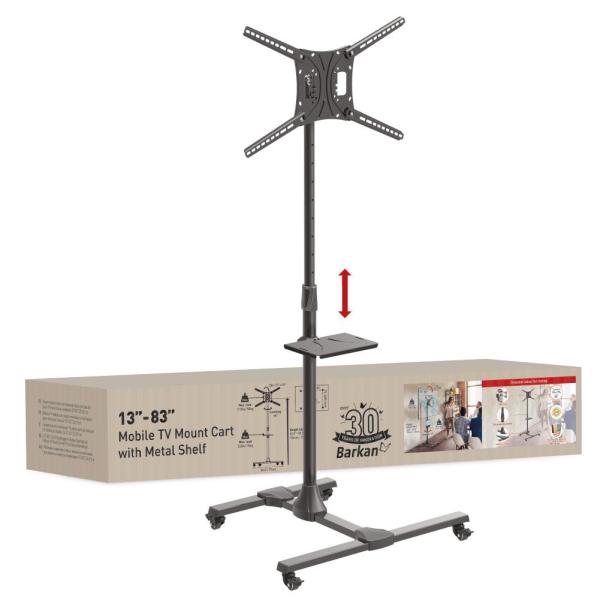 Suport mobil de podea pentru tv plat/curbat barkan + raft metal pentru laptop, 32" - 83", vesa 600x400mm, max 150kg, negru