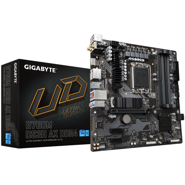 Placa de baza gigabyte b760m ds3h ax ddr4 lga1700, 4x ddr4 5333mhz, 1x hdmi, 2x displayport, 1x pcie x16, 2x pcie x1, 2x m.2, 4x sata 6gb/s, lan 2.5gbps, wifi 6e, matx