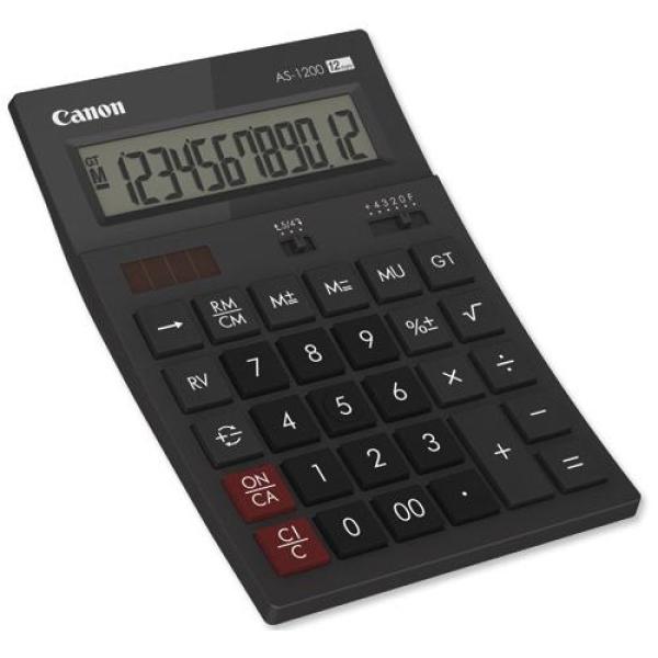 Calculator birou canon as1200, 12 digiti, display lcd vertical, inclinat, separator de mii, functie schimbare de semn, oprire automata, sursa de energie: alimentare dubla.