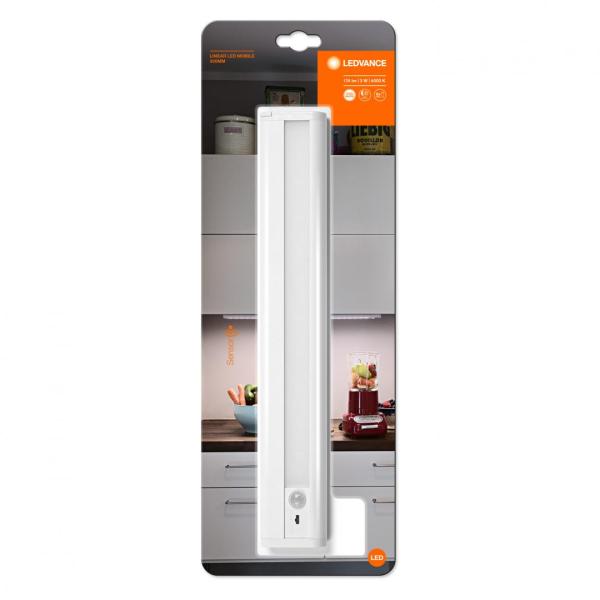 Aplica led liniara ledvance pe baterii 4x1.5v lr6(aa), cu senzor de miscare pir, 2.9w, 174 lm, lumina neutra (4000k), ip20, montaj aplicat, 30cm, alb