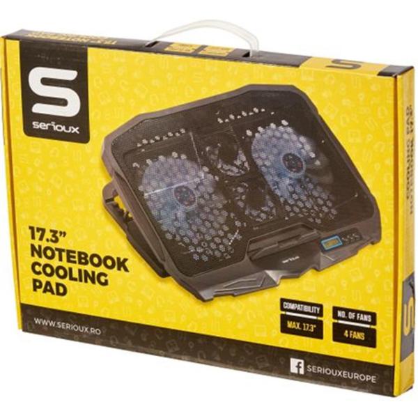 Cooling pad serioux, srxncp025, dimensiuni: 390*280*28mm, compatibilitate maxima laptop: 17.3 inch, numar ventilatoare: 4, dimensiune ventilator: 2 x 125*125*15mm / 2 x 70*70*15mm, nivel zgomot: 15-20db, flux aer: 56-75cfm, tensiune alimentare: dc 5v, vit