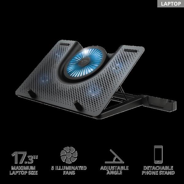 Stand/cooler notebook trust gxt 1125 quno, max 17.3 inch, 5 ventilatoare, suport de telefon detasabil