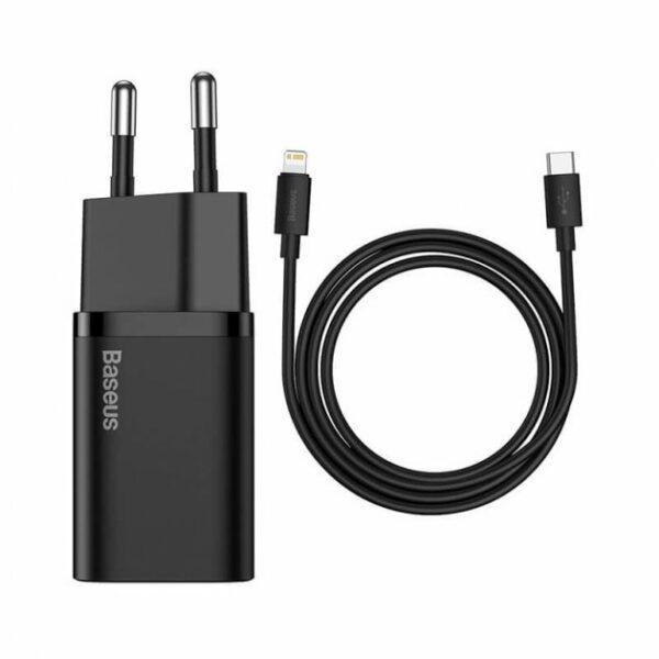 Incarcator retea baseus super si, quick charge 20w, 1 x usb type-c 5v/3a max, include cablu usb type-c la lightning iphone 1m, negru