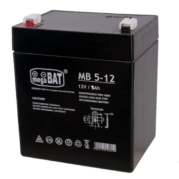 Acumulator vrla agm megabat mb5-12 fara intretinere 5ah 12v. terminal de conexiune faston 187 (4.75x0.8mm); dimensiuni: 90x 70 x 95 x 101mm; greutate: 1.4kg
