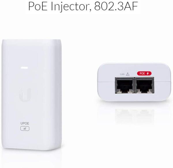 Ubiquiti poe external injector, u-poe-af, output voltage 48vdc @ 0.32a, rated voltage: 100-240vac @ 50/60hz, efficiency 84.25%, delivers up to 50w of poe.