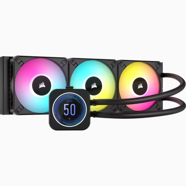 Corsair liquid cooler icue h150i elite lcd xt display  radiator material aluminum corsair icue compatibility yes tubing length 450mm coldplate dimensions 56x56mm tubing material black sleeved low-permeation rubber screen size 2.1" native resolution 480x48