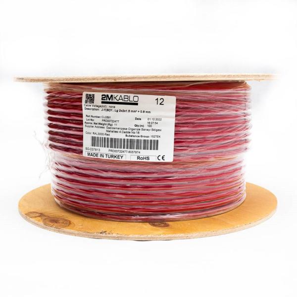 "cablu incendiu jy(st)y...lg 2x2x1.5 mm² + 0.8 mmproducator 2m kablo, 3t00000401-3-100diametru fir : 1.5 mmconductor torsadati in  perechi infasurate in banda pet, ecranaj al/pet, cupru 100%culori fire:  vde 0815manta: pvc, culoare ral3000-rosuambalare: t