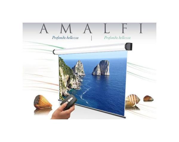 Ecran de proiectie electric, cu prindere in tavan/perete sopar amalfi, format 1:1, suprafata de proiectie 300x300 cm, diagonala 167 inch, unghi de vizionare 150°, tip panza alba (fata) neagra (spate), din aluminiu