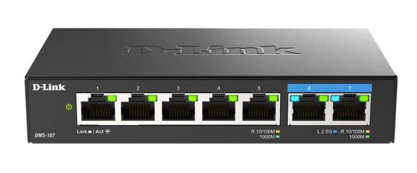 D-link switch dms-107, 7 porturi, standarde si protocoale: ieee 802.3 10base-t,  ieee 802.3u 100base-tx,  ieee 802.3ab 1000base-t,  ieee 802.3bz 2.5gbase-t5 porturi gigabit, 2 porturi 2.5gbps,  capacitate 20 gbps, fara ventilator, carcasa metal, dimensiun