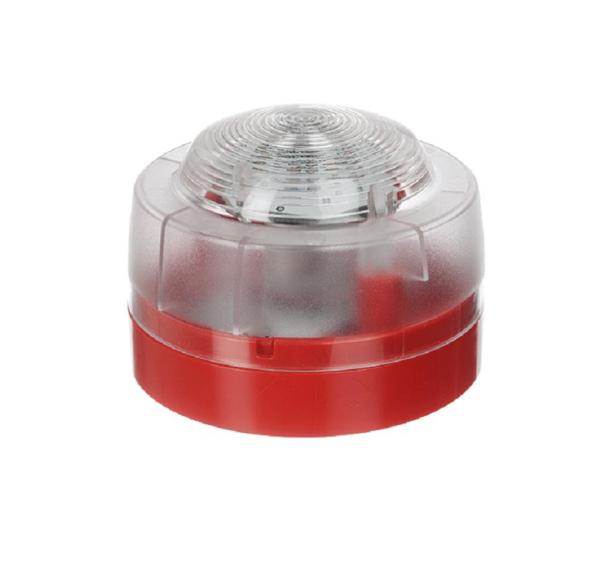 Honeywell flash cu lentila transparenta;tensiune de operare: 12 - 29 v dc; consum: 26 ma @ 29 v dc; rata flash: 0.5 hz; culoare led: alb; lentila: pc transparenta; carcasa: pc-abs rosu; grad protectie: ip21c; certificare: en54-23; temperatura de functiona