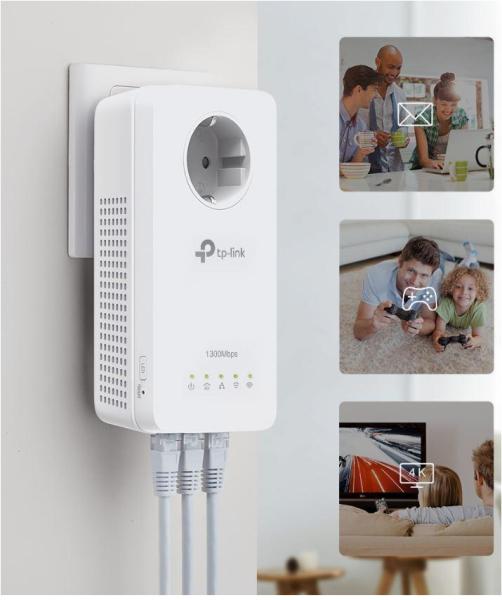 Tp-link wi-fi powerline, av1300 gigabit passthrough, tl-wpa8631p, standarde și protocoale: homeplug av2, ieee 1901, ieee 802.3, ieee 802.3u, ieee 802.3ab, ieee 802.11b/g/n (2.4 ghz), ieee 802.11a/n/ac (5 ghz), interfață: 3 porturi gigabit ethernet, dimens
