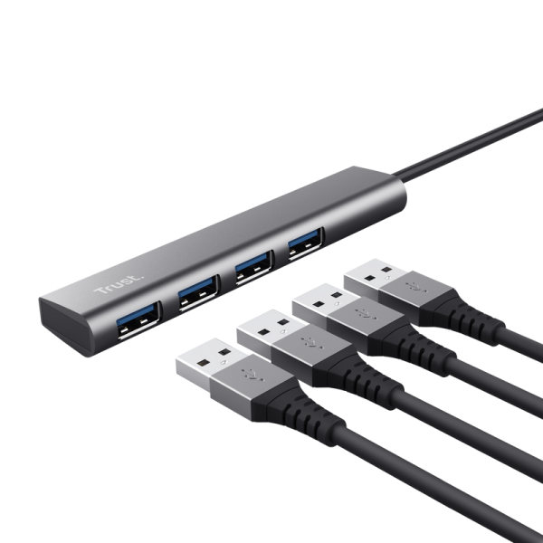 Hub usb trust halyx, usb-a la 4 x usb-a 3.2 gen 1, dimensiune cablu 10cm, din aluminiu, argintiu