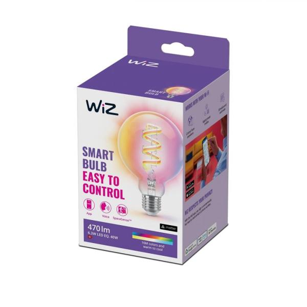 Bec led rgb inteligent wiz connected filament clear g95, wi-fi, e27, 6.3w (40w), 470 lm, lumina alba si color (2200-6500k), compatibil google assistant/alexa/siri