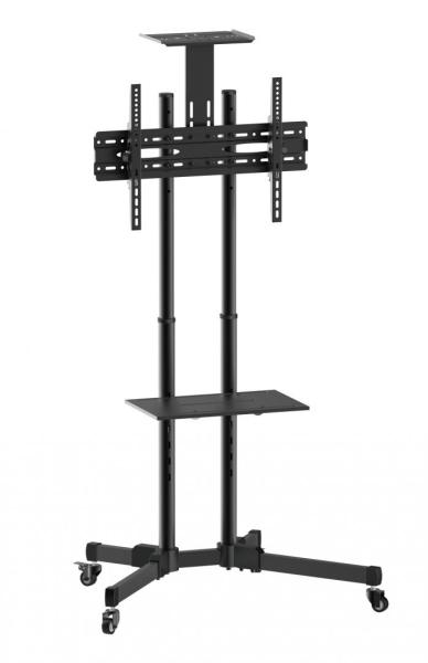 Stand tv mobil akai, cu inclinatie +10/-10°, cu 2 polite, vesa min. 200x200, vesa max.600x400, greutate maxima suportata tv 50kg, greautate maxima suportata dvd 10 kg, greutate maxima suportata camera 5 kg, negru
