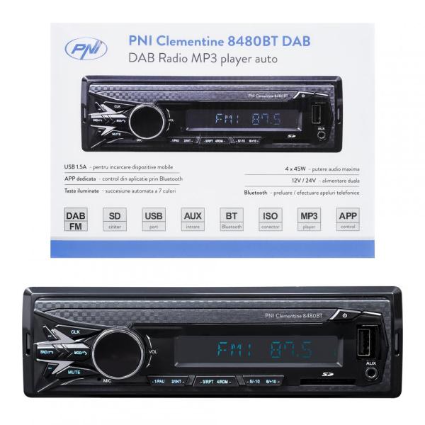 Dab si rds radio mp3 player auto pni clementine 8480bt 4x45w, 12/24v, 1 din, cu sd, usb, aux, rca, bluetooth si usb 1.5a pentru incarcare telefon, radio: fm/dab+, radio fm: 87.5mhz - 108.0mhz, radio dab: 174.928mhz - 239.200mhz, dimensiuni (l x h x a / gr