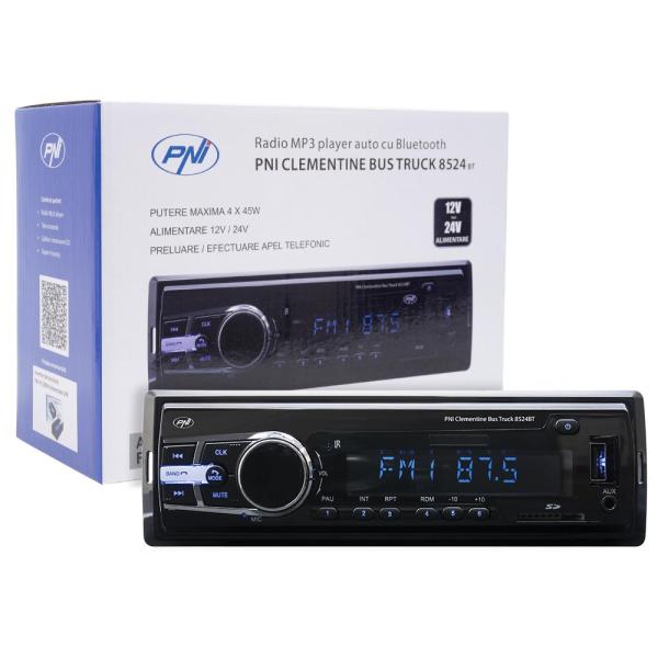 Radio mp3 player auto pni clementine bus truck 8524bt rds 4x45w 12v/24v 1 din cu sd, usb, aux, rca si bluetooth, putere maxima audio (w) 4 x 45, radio:  am/fm 87.5 - 108 mhz, usb 2.0 (max 32gb), microsd (max 32gb), aux in (3.5mm mini jack), redare fisiere