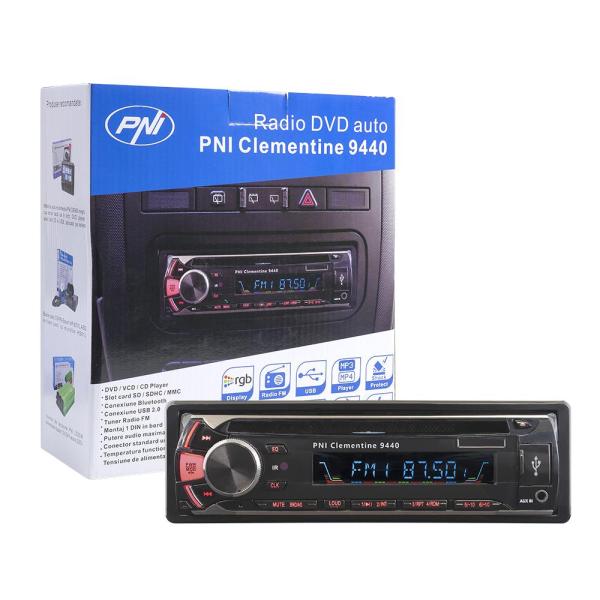 Radio dvd auto pni clementine 9440 1 din radio fm, sd, usb, iesire video si bluetooth, putere maxima audio (w) 4 x 45, radio: fm 87.5 - 108mhz, aux in (3.5mm mini jack), dvd player: dvd / vcd / cd, redare fisiere: mp4, mp3