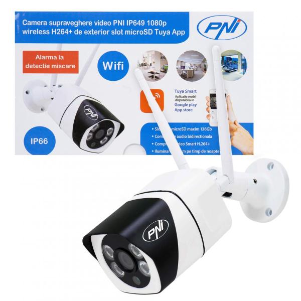 Camera supraveghere video pni ip649 cu ip, 2mp 1080p, wifi, slot card micro sd, compatibila cu aplicatia tuya smart, culoare:  alb / negru, senzor imagine:1/2.9" cmos f37, rezolutie: 1080p (1920 x 1080), tip lentila: f:3.6mm, compresie imagine: h.264+, mi