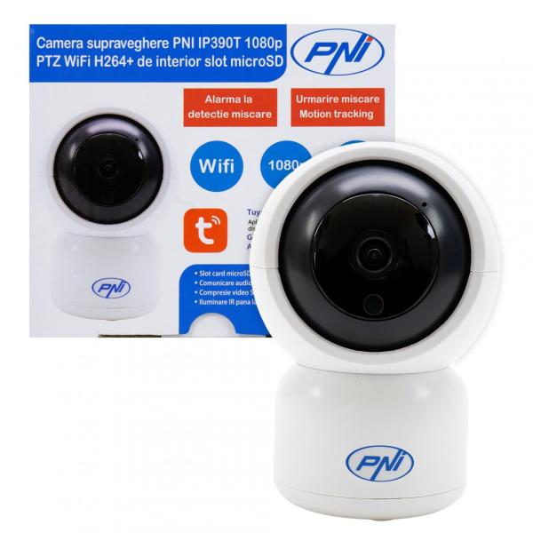 Camera supraveghere video pni ip390t 1080p cu ptz wifi h264+ suporta microsd 128gb, night vision, aplicatia tuya, p2p, android, ios, pentru interior, rotire dupa miscare, alarma la miscare, senzor imagine:1/2.9" cmos f37, 2mp, rezolutie: 1080p (1280 x 108