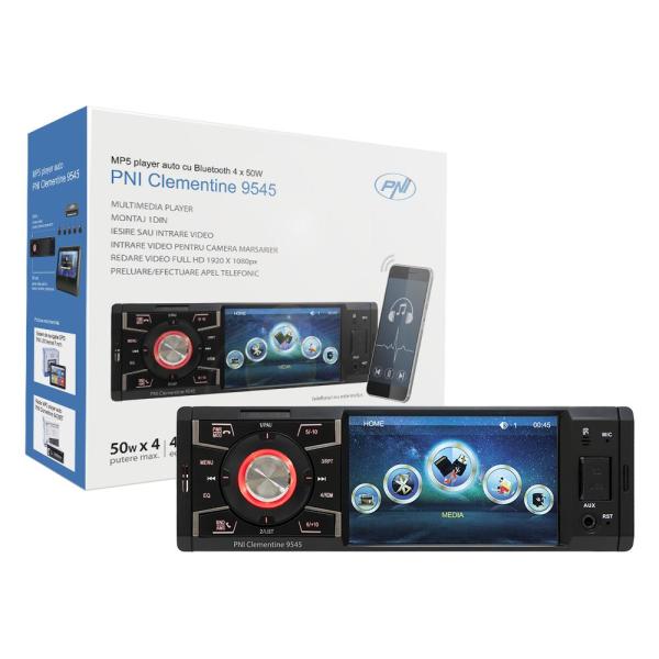 Pni mp5 player auto 1din 4" display clementine 9545,50wx4, bluetooth, radio fm, sd, usb, 2 x rca video in, aux in, 1 x rca intrare / iesire video 1 x rca intrare video pentru camera marsarier,  redare video full hd 1920 x 1080px, format fisiere redare:  m