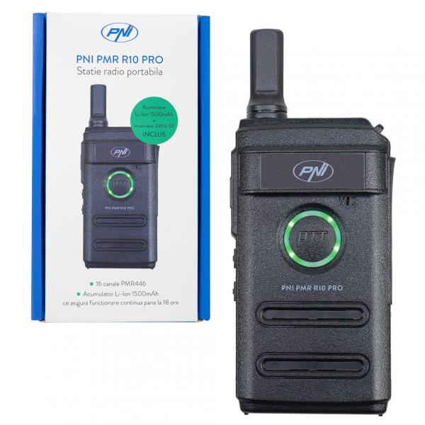 Statie radio portabila pni pmr r10 pro, 446mhz,0.5w, monitor, scan, coduri ctcss dcs, distanta de lucru: 5km, 16 canale, putere de emisie: 0.5w,  acumulator li-ion 3,7 v (1500 mah), dimensiuni: 52 x 20 x 122 mm (antena inclusa), greutate: 88g
