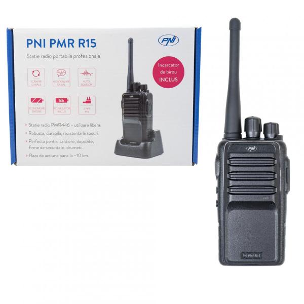 Statie radio portabila profesionala pni pmr r15 0.5w, asq, tot, monitor, programabila, acumulator 1200mah, distanta de lucru: urban: 2km, camp deschis: 5km, munte: 10km, frecventa:446mhz, putere de emisie:  0,5 w pmr, acumulator li-ion 7,4v (1200 mah), gr