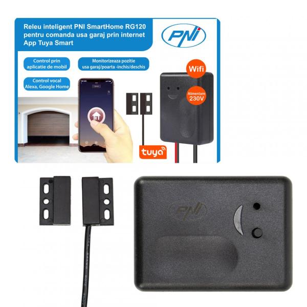 Releu inteligent pni smarthome rg120 wifi pentru comanda deschidere usa garaj/poarta monitorizata prin internet cu app tuya smart, compatibil amazon alexa si google home, deschizător pentru uși de garaj, alimentare: 5v, telecomanda: 1 buc, standard wifi: 