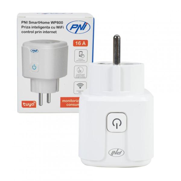 Priza inteligenta pni smarthome wp800 wifi control prin internet, app tuya smart, compatibila cu amazon alexa si google home, masoara consumul de energie, tensiune alimentare: 230v, sarcina maxima: 3700 w, distanta transmisie, 50 m exterior, interior 30 m