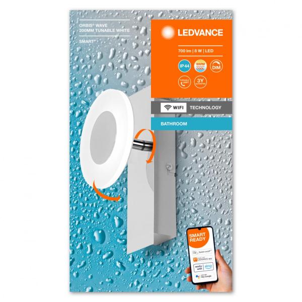 Aplica led inteligenta pentru baie ledvance smart+ wifi orbis wave 200, 8w, 700 lm, lumina alba (3000-6500k), ip44, 200x93x120mm, metal, argintiu
