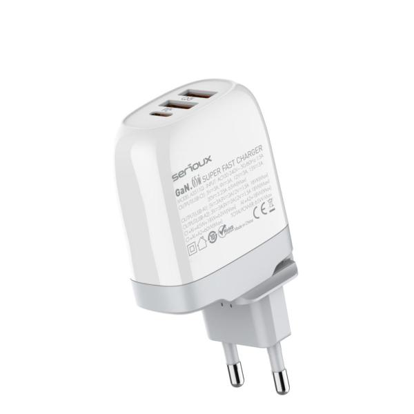 Incarcator retea serioux 65w gan qc, intrare: ac100-240v~ 50/60hz 1.5a, ieșire (usb-c1): 5v-3a 9v-3a 12v-3a 15v-3a 20v=3.25a 65w(max), ieșire (usb-a1): 5v-3a 9v-2a 12v=1.5a 18w(max) ieșire (usb-a2): 5v-3a 9v-2a 12v 1.5a 18w(max), a1+a2=18w(max), c1+a1= 45