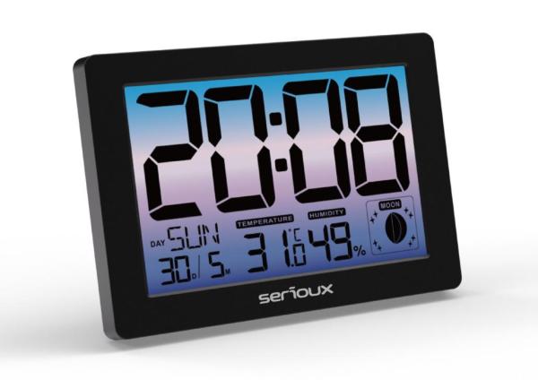 Ceas termometru higometru camera th86145 temperatura interioară, afișare ora, calendar, faza lunii, alarmă specificaȚii: alimentare: adaptor dc 5v 150 ma, baterii: 3x baterii aaa (nu sunt incluse), unitate de temperatură: c&f, interval de afișare a temper